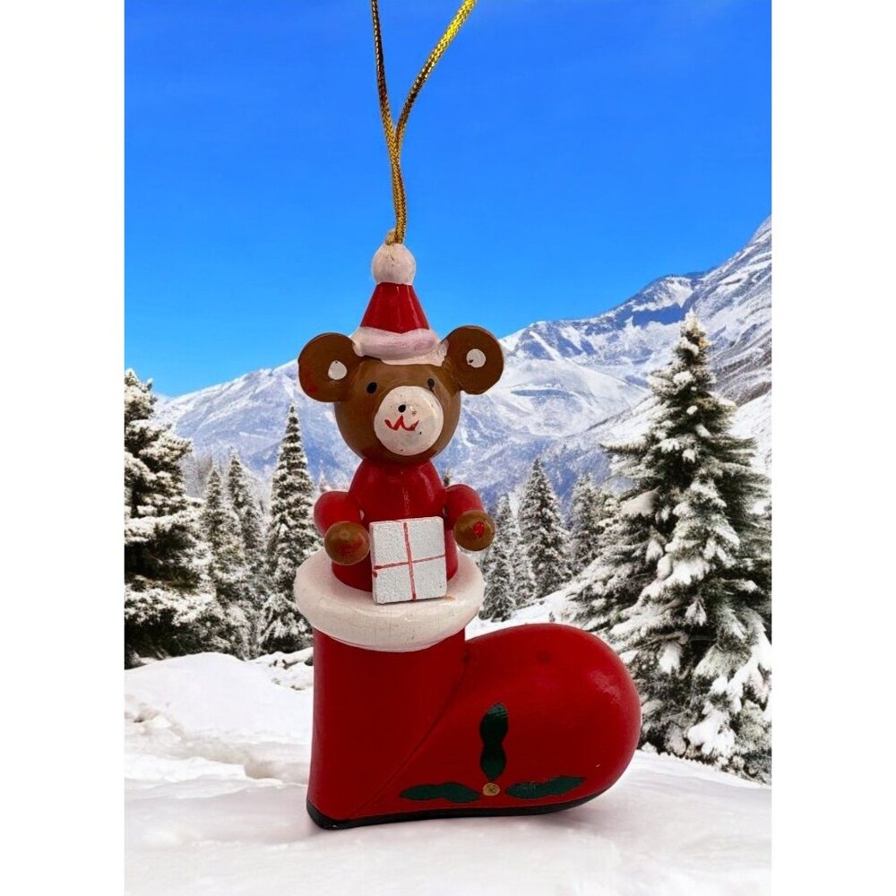 Vintage Wooden Santa Bear Christmas Tree Ornament in Red Stocking Hand Painted